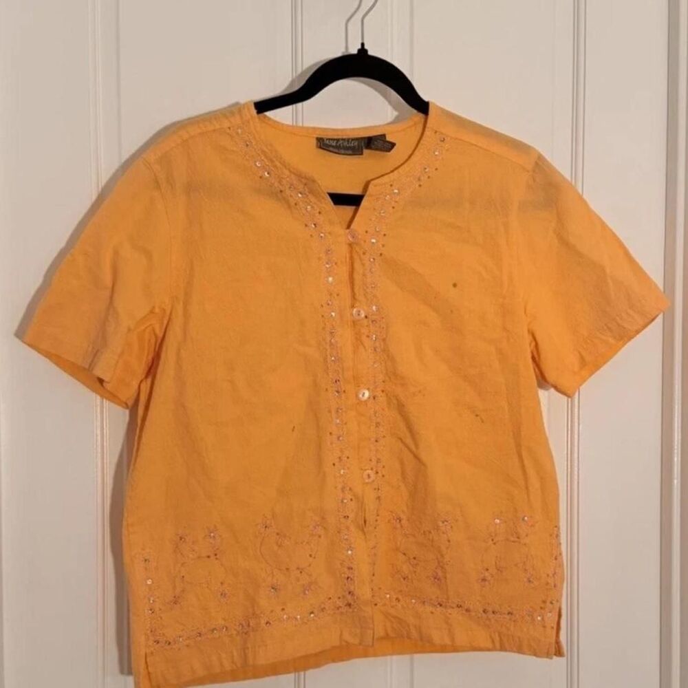 Jane Ashley Orange Short Sleeve Embroidered Button Up Blouse Top Size M